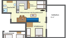 App.2  60m²  großer Südbalkon